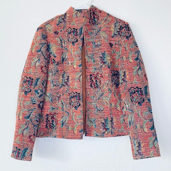 Coldwater Creek Jackets & Blazers - Coldwater Creek XS Floral Tapestry Mock Neck Open Front Cottagecore Jacket
